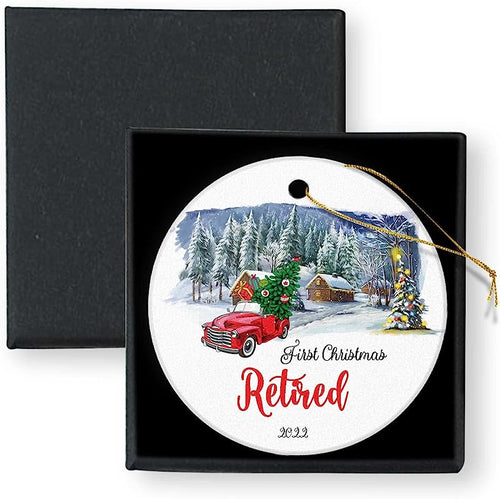 First Christmas Retired  Retirement Gifts  Christmas Ornament Round Ceramic With Gift Box Christmas Tree Ornament For Christmas Tree Decorations Personalized Gifts