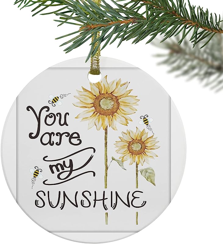 Christmas Ornaments , Christmas Tree Hanging Pendant Keepsake Ceramic Ornaments Farm Sunflower And Honeybee,3" Round Xmas Tree Ornament For Home Decor You Are My Sunshine