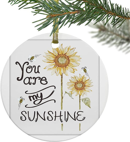 Christmas Ornaments , Christmas Tree Hanging Pendant Keepsake Ceramic Ornaments Farm Sunflower And Honeybee,3" Round Xmas Tree Ornament For Home Decor You Are My Sunshine