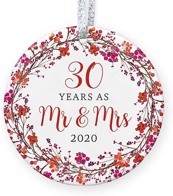 30Th Wedding Anniversary Christmas Ornament Thirty Years Mr & Mrs  Married Husband & Wife Tree Decoration - 3" Flat Circle Ceramic Ornament, Gold & Silver Ribbon + Free Gift Box