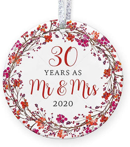 30Th Wedding Anniversary Christmas Ornament Thirty Years Mr & Mrs  Married Husband & Wife Tree Decoration - 3" Flat Circle Ceramic Ornament, Gold & Silver Ribbon + Free Gift Box