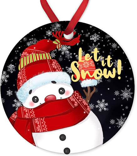 Christmas Let It Snow Round Ceramic Ornament Snowman Christmas Flat Porcelain Keepsake For Baby New Parents Xmas Tree Decorations Gift Double-Sided