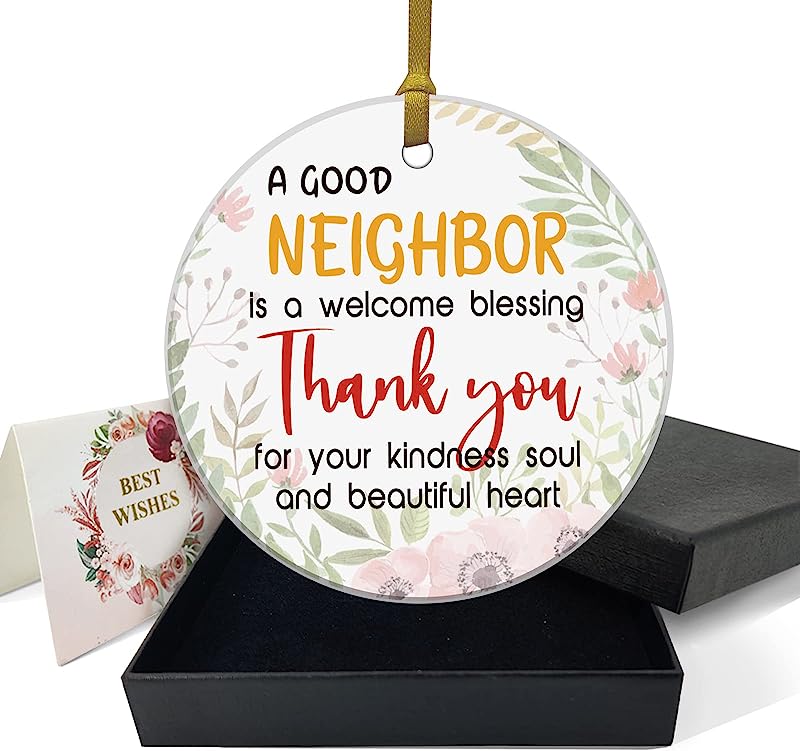 Neighbor Appreciation Ornament Birthday For Women Men Sign Round Plaque Gifts For Neighbor 3" Circle Ceramic Ornament With Gold Ribbon & Gift Box