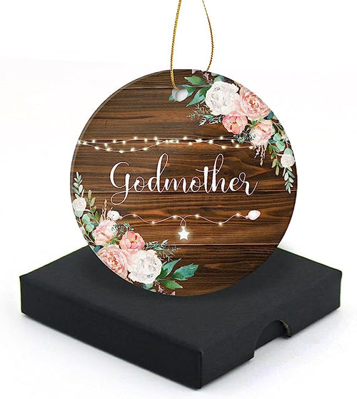 Godmother Christmas Ornament  Round Christmas Tree Ornaments Keepsake Gifts For Family Lovers Friend Neighbors Home Decor Flat Circle Ceramic Ornament 3" With A Gift Box