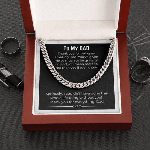 To My Dad Necklace Gift Cuban Link Chain necklace on message card. Perfect for Birthday. Gift to father from