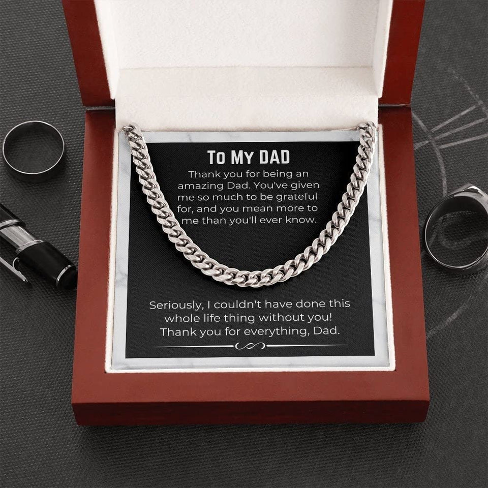 To My Dad Necklace Gift Cuban Link Chain necklace on message card. Perfect for Birthday. Gift to father from