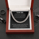 To My Dad Necklace Gift Cuban Link Chain necklace on message card. Perfect for Birthday. Gift to father from