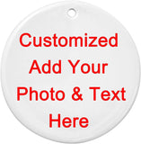 Personalized Custom Handmade Round Ceramic Ornament - Add Photo Logo Text Double-Sided Printing,Christmas Tree Decor-Ation Xmas Engagement Wedding Anniversary.