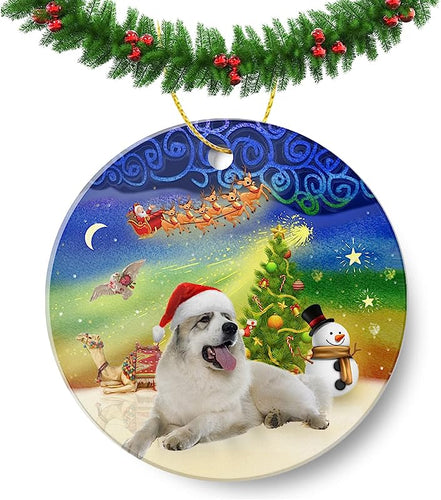 Xmas Great Pyrenees Christmas Ornament Round Holiday Present Xmas Tree Decorations Cute Animal Home Decor Ornament Flat Circle Ceramic Ornament 3In, One Size