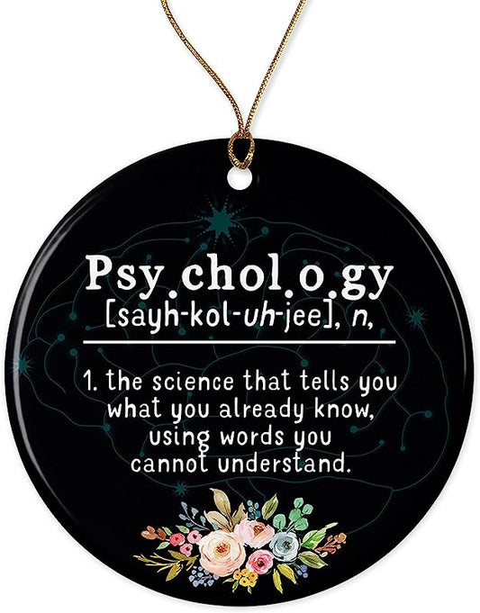 Psychology Definition Christmas Ornament - Gift Ceramic Holiday Decoration Present Porcelain 3Inch Flat With Gold Ribbon Both Sides White