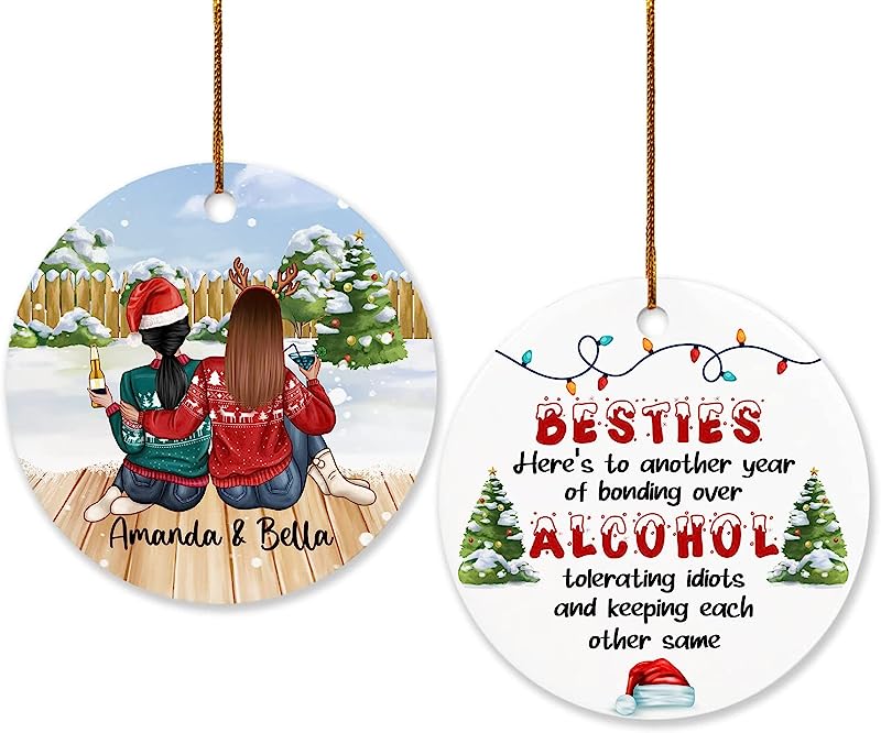 Personalized Christmas Ornament, Custom Name Xmas Tree Decorations Gifts For Bestie, Bff, Soul Sisters, Best Friend Ornament, Bestie Here'S To Another Year Of Bonding Over Ornament