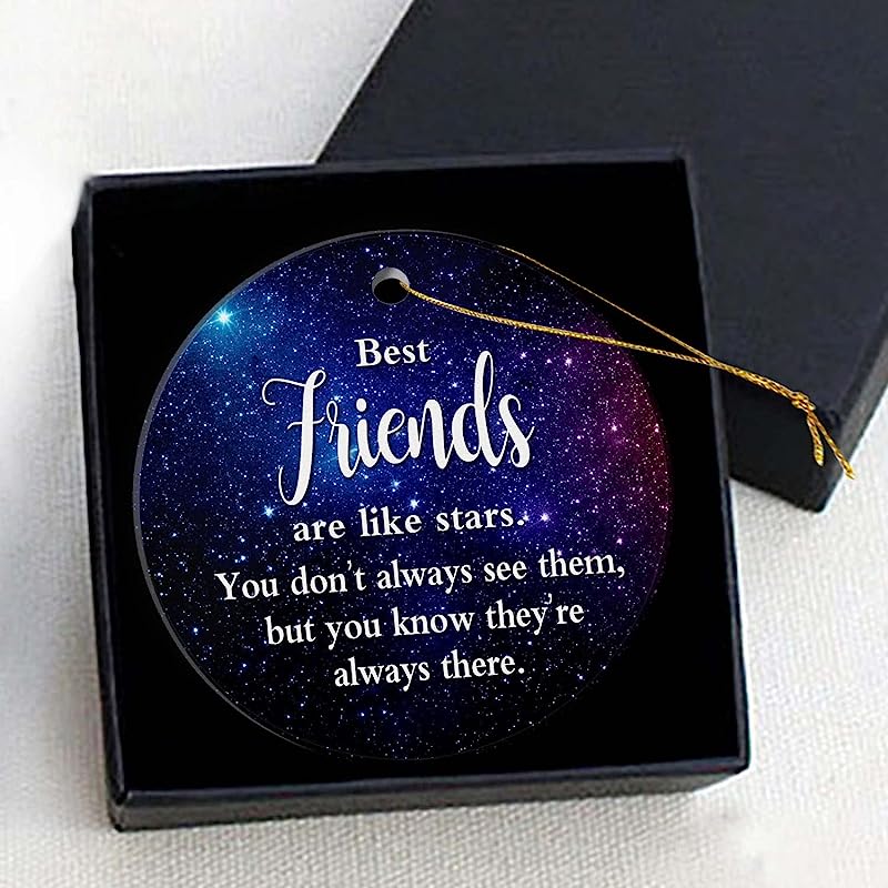 Merry Christmas Ornament -Friendship Gift Good Friends Are Like Stars Present For Friends Holiday Keepsake 3 Inch Round Ceramic