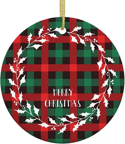 Ceramic Christmas Tree Hanging, Red And Green Buffalo Plaid Round Christmas Ornaments Porcelain Ceramic Decorations Tree Hanging Ornaments For Home Indoor Outdoor Decor