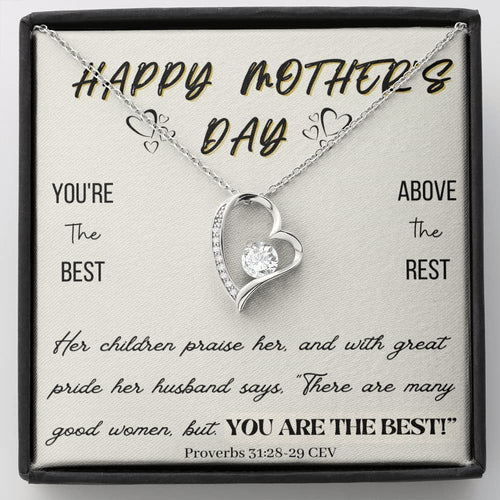 HAPPY MOTHER'S DAY Necklace Gift for Mom Forever Love Necklace With Message Card 14k White Gold Finish / Standard Box