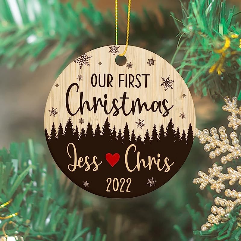 Personalized Name Couple First Christmas  Together Ornament, 1St Xmas Together Ornament Christmas  Gift For Dating Anniversary Ornament, Customized Wooden Style Christmas Ornaments