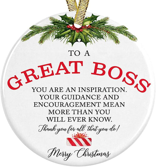 To A Great Boss Christmas Ceramic Round 3" Ornament With Metallic Gold Ribbon + Free Gift Box, Thank You Present From Employee To World'S Best Boss