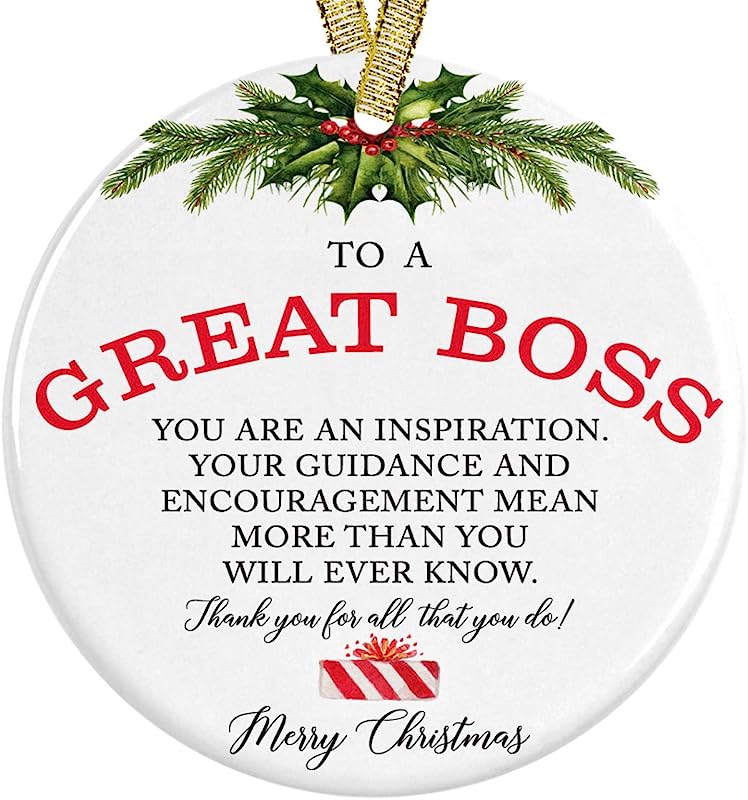 To A Great Boss Christmas Ceramic Round 3" Ornament With Metallic Gold Ribbon + Free Gift Box, Thank You Present From Employee To World'S Best Boss