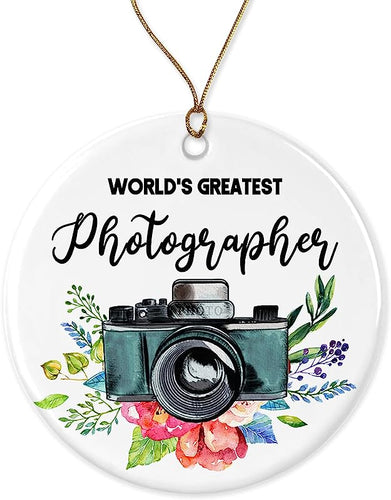 Worlds Greatest Photographer Photography Ornament Gift Ceramic Holiday Decoration Present Porcelain 3 Flat Both Sides, White