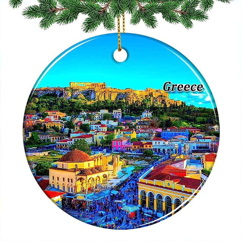 Greece Acropolis Of Athens Christmas Ornament  Hanging Xmas Tree Pendant Decoration Double Sided Ceramic Souvenir Travel Gift 2.8 Inch, Gold