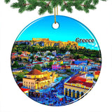 Greece Acropolis Of Athens Christmas Ornament  Hanging Xmas Tree Pendant Decoration Double Sided Ceramic Souvenir Travel Gift 2.8 Inch, Gold