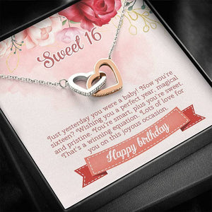 16th Birthday Neaklace Message Card Necklace16 Happy Birthday Interlocking Hearts Pendant Necklace Sweet Sixteen 16th
