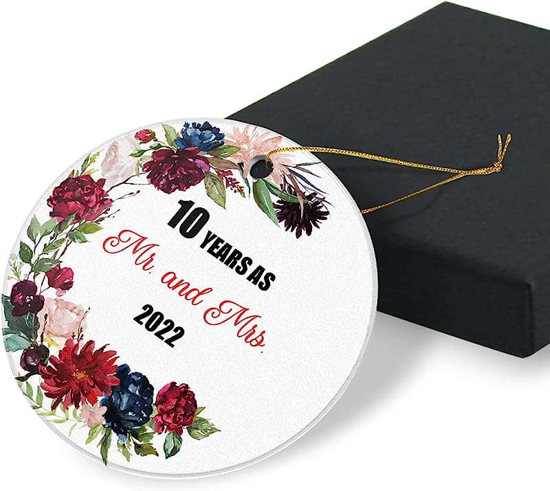 10 Years As Mr And Mrs  Christmas Ornaments Gifts For Couples Keepsake Gift For 10Th Wedding Anniversary Christmas Tree Ornaments  Round Ceramic Ornament 2.95In With Gift Box