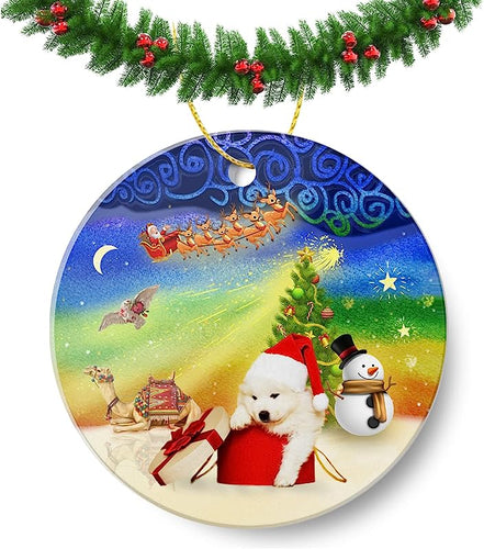 Xmas Samoyed Christmas Ornament Round Holiday Present Xmas Tree Decorations Cute Dog Home Decor Ornament Flat Circle Ceramic Ornament 3In, One Size