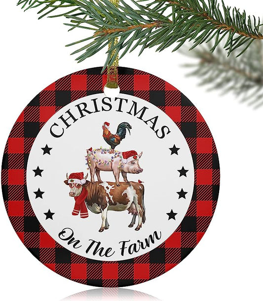 Christmas On The Farm  Christmas Ornaments, Pig Cow Rooster Farm Animal Christmas Tree Ornaments Hanging Pendants Buffalo Check Plaid Ceramic Christmas Decoration For Party/Holiday/Wedding