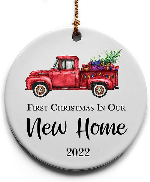 1St Christmas In Our New Home -Red Truck White - Ceramic Christmas Tree Ornament Holiday Keepsake 2.875" Round Ornament In Gift Box With Bow-House Warming Gift!