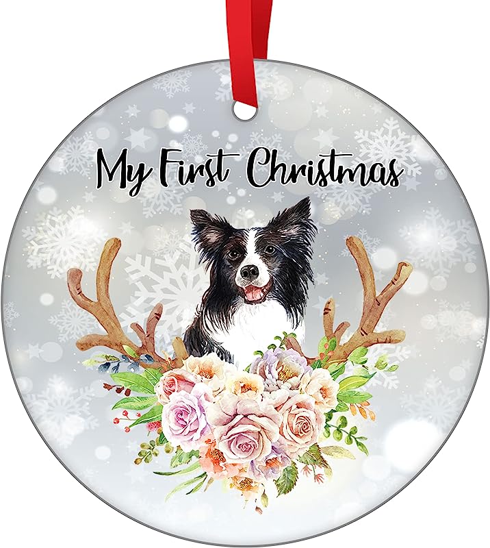 White Black Border Collie Christmas Tree Hanging Ornament Collie Dog Christmas Ornament Double Sided Ceramic Hanging Ornament First Christmas Dog Ornament Xmas Decoration To Dog Lovers