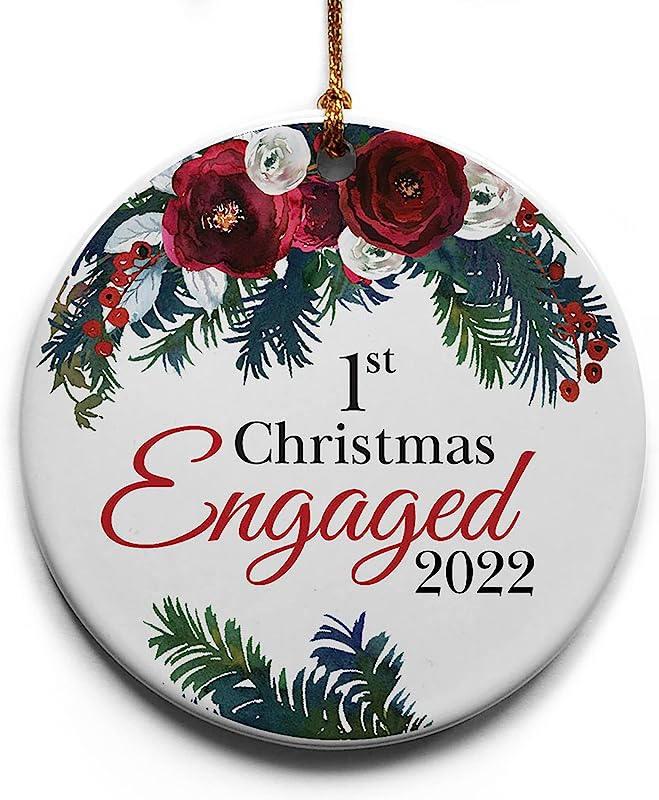 1St Christmas Engaged Ceramic Christmas Tree Ornament Collectible Holiday Keepsake 2.875" Round Ornament In Decorative Gift Box With Bow For The Newly Engaged Couple!