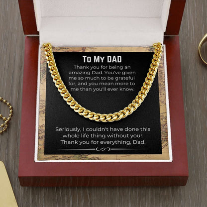 Jewelry Gift For Dad Cuban Link Chain necklace on message card. Perfect for Birthday. Gift to father from