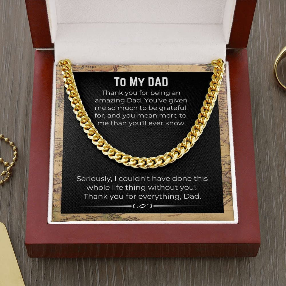 Jewelry Gift For Dad Cuban Link Chain necklace on message card. Perfect for Birthday. Gift to father from