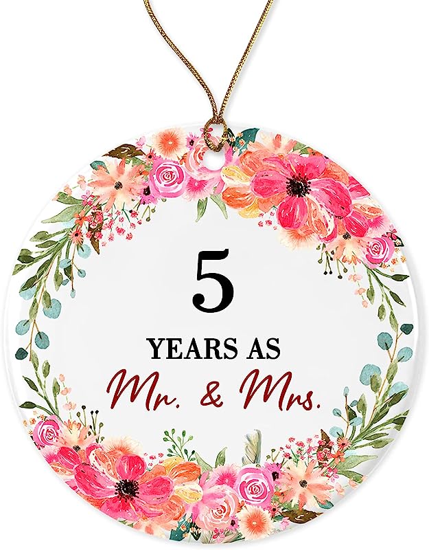 Five Years Married Mr. Mrs. Christmas Ornament Keepsake Gift 5Th Wedding Gift Wedding Anniversary Husband Wife Gift Ceramic Holiday Both Sides