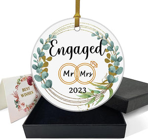 Engaged Ornaments  Wedding Decoration Gifts For Her Bridal Shower Gifts For Newlywed Couples Our First Christmas Engaged Keepsake 3" Circle Ceramic Ornament With Gold Ribbon & Gift Box