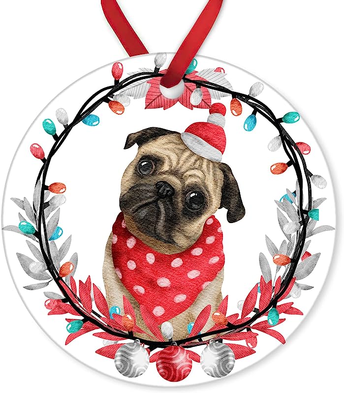 Aroggeld Pug Christmas Ceramic Ornament Wreath Round Porcelain Keepsake Christmas Tree Decoration Double-Sided Wedding Holidays Party, White, 3 Inch