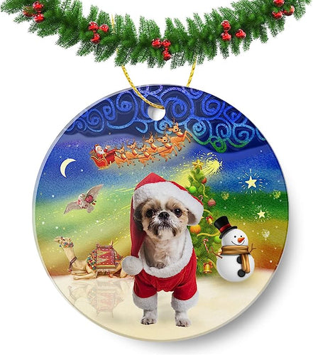 Xmas Magic Lhasa Apso Christmas Ornament Round Holiday Present Xmas Tree Decorations Cute Animal Home Decor Ornament Flat Circle Ceramic Ornament 3In, One Size