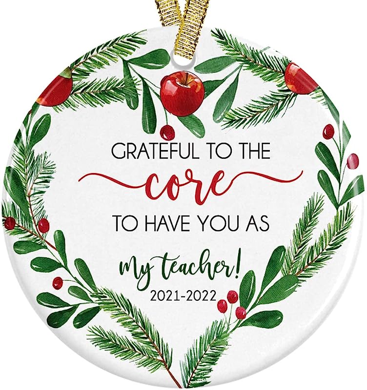 Best Teacher Ever Apple Wreath  Ceramic Christmas Ornament, Gift For Educator Or Instructor Present Idea + Free Gift Box And Ribbon