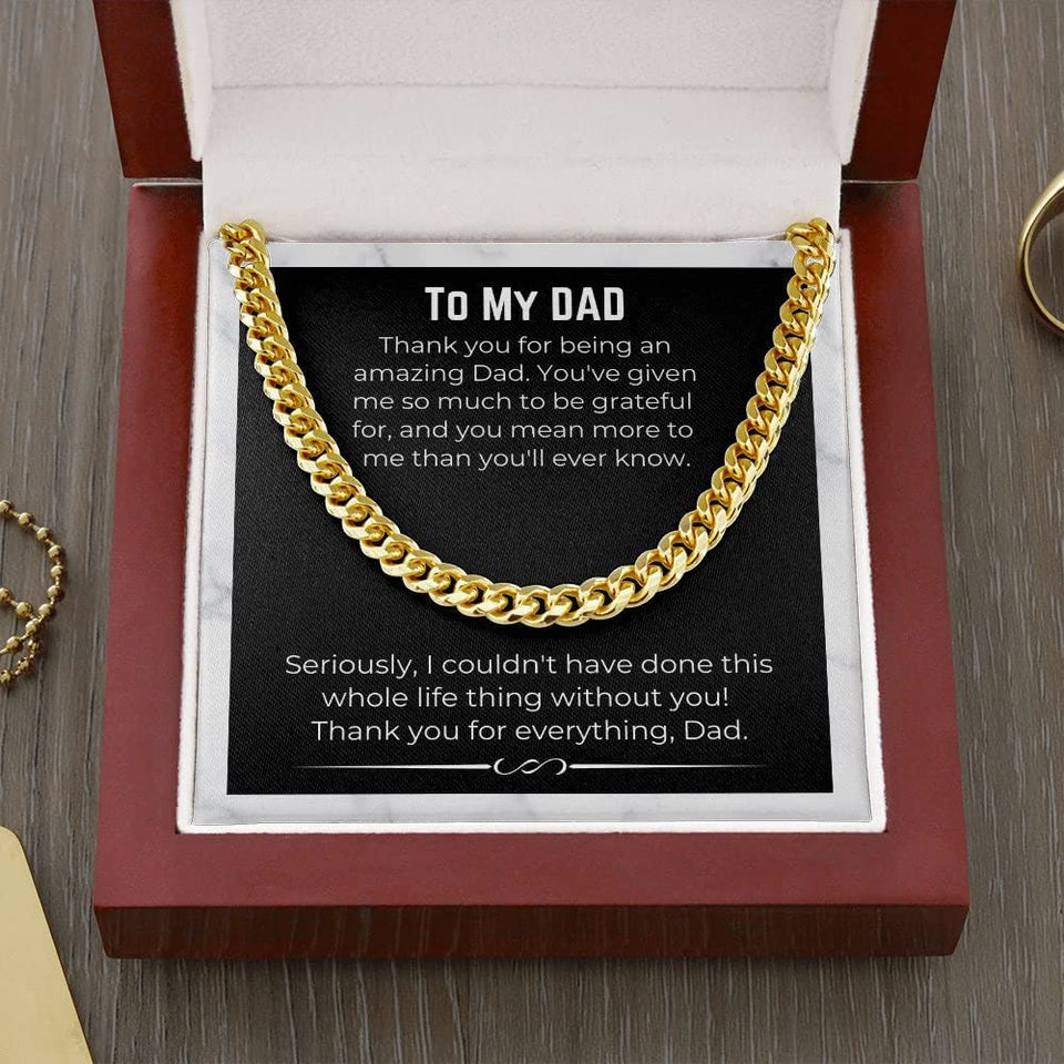 To My Dad Necklace Gift Cuban Link Chain necklace on message card. Perfect for Birthday. Gift to father from