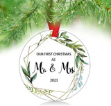 Our First Christmas As Mr & Mrs Couple Married Wedding Decoration 3" Ornament Green Leaves Bridal Shower Gift Wedding Gifts(As Mr & Mrs)