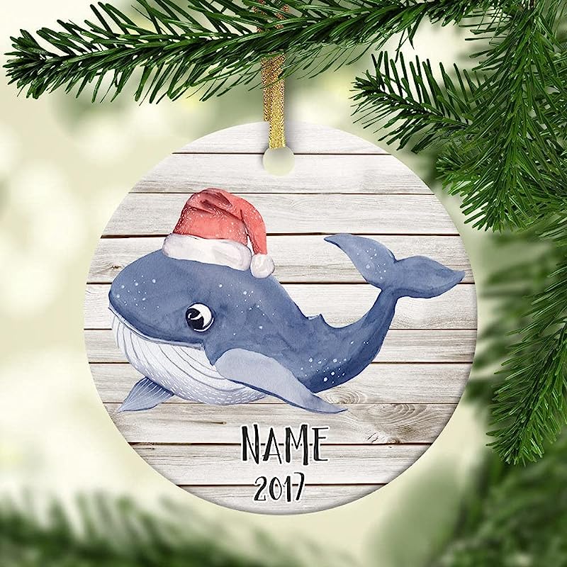 Personalized Christmas Tree Ornament, Holiday Whale Custom Ornament Christmas Name Year Faux Wood Look, 3 Inch Circle Flat Ceramic Keepsake, Xmas Decorations, Lda012