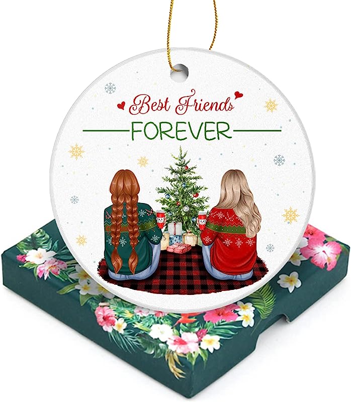 Friendship Christmas Ornament-Best Friends Forever -Holiday Presents Sister Friend Gift Ceramic Decoration Friends Besties Decor Xmas Gifts 3" Round Ceramic Ornament With Gift Box