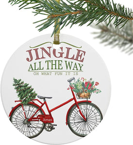 Christmas Ornament, Xmas Bike Carrying Gift And Christmas Tree Christmas Tree Decoration, First Home Keepsake  Ceramic Double-Sided Design   3" In Diameter Round