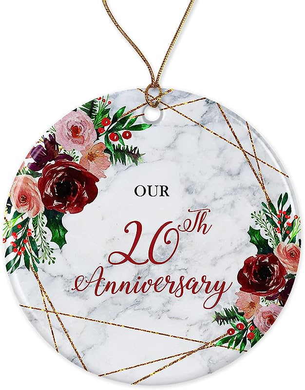 20Th Wedding Anniversary Ornament Gift - Christmas Twentieth Year Couple Married Gift Ceramic Holiday Decoration Present Porcelain 3 Flat Both Sides