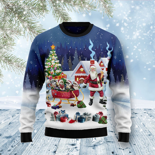 Siberian Husky Dog Santa Sled Ugly Christmas Sweater 