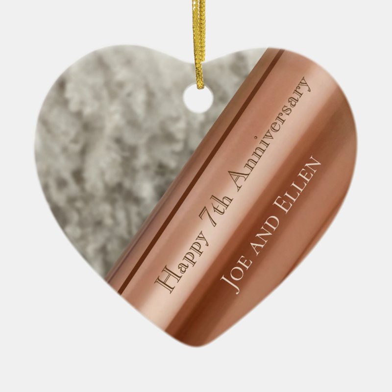 7Th Anniversary, Wool And Copper Print Heart Keeps Ceramic Ornament