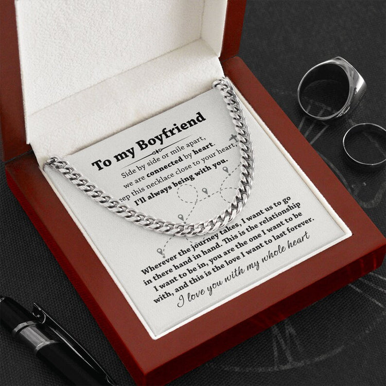 Cuban Link Chain Necklace For Boyfriend, To My Boyfriend, We Are Connected By Heart Boyfriend Long Distance Gift From Girlfriend - TGV