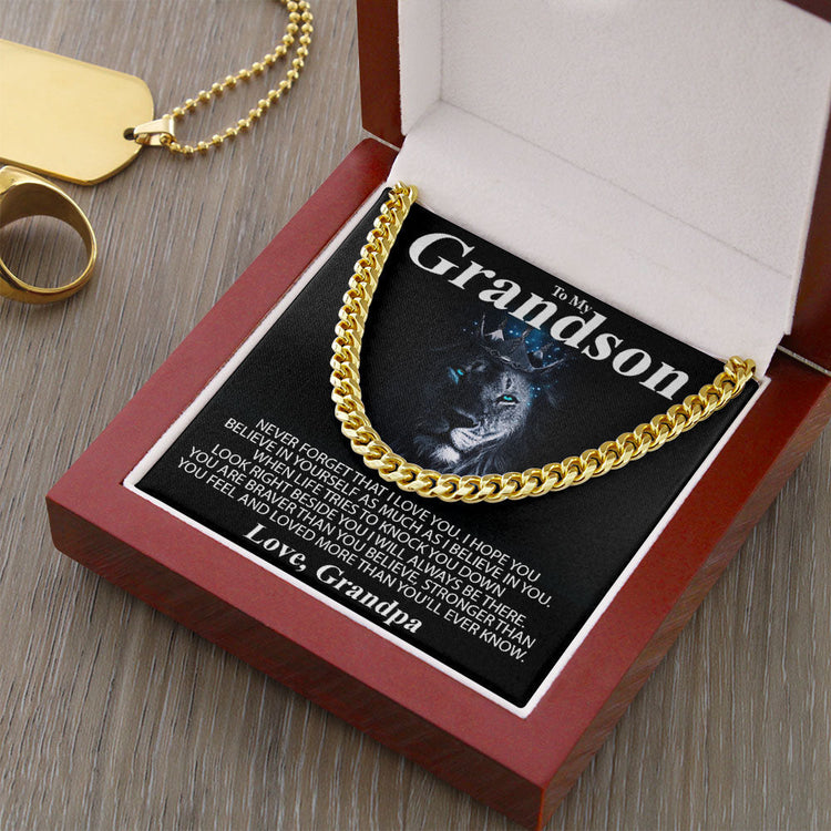 To My Grandson Necklace From Grandma Grandpa - Lion Necklace Look Right Beside You I Will Always Be There - Love , Grandma Grandpa Cuban Link Chain Necklace 071A - TGV