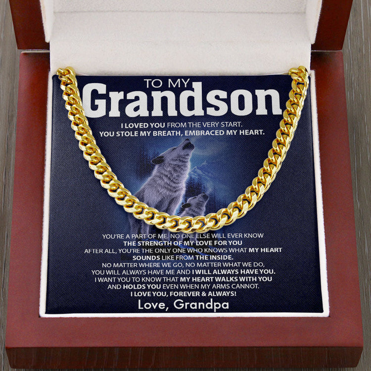 To My Grandson Necklace from Grandma Grandpa - I will always have you - Wolf Wolves Necklace Cuban Link Chain Necklace 070B - TGV