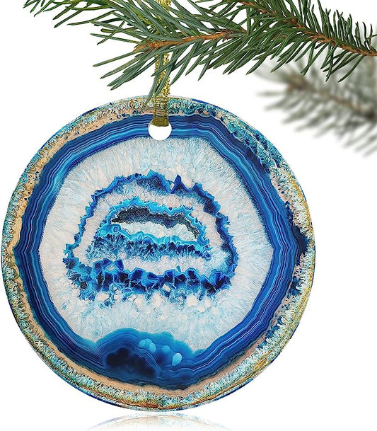  Christmas Tree Hanging Ornaments, Blue Agate 3" Round Double-Sided Ceramic Ornaments Christmas Keepsake Gifts Decor Vintage Geode-Decor Marble Ombre Cavity Rock Lined With Crystals